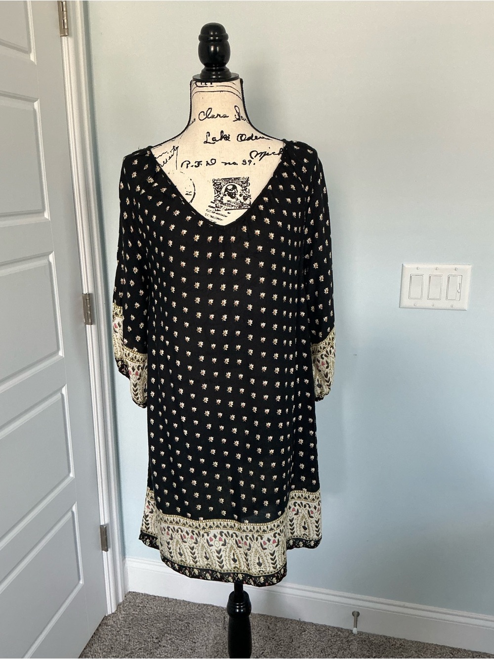 Black Boho Floral Border Tunic Dress